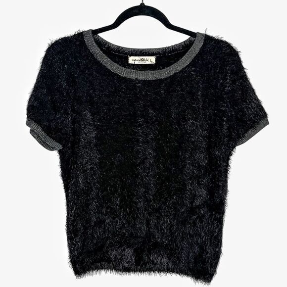 Natural Life Black Fuzzy Knit Short Sleeve Sweater Top Gray Trim Size Large - Picture 2 of 5